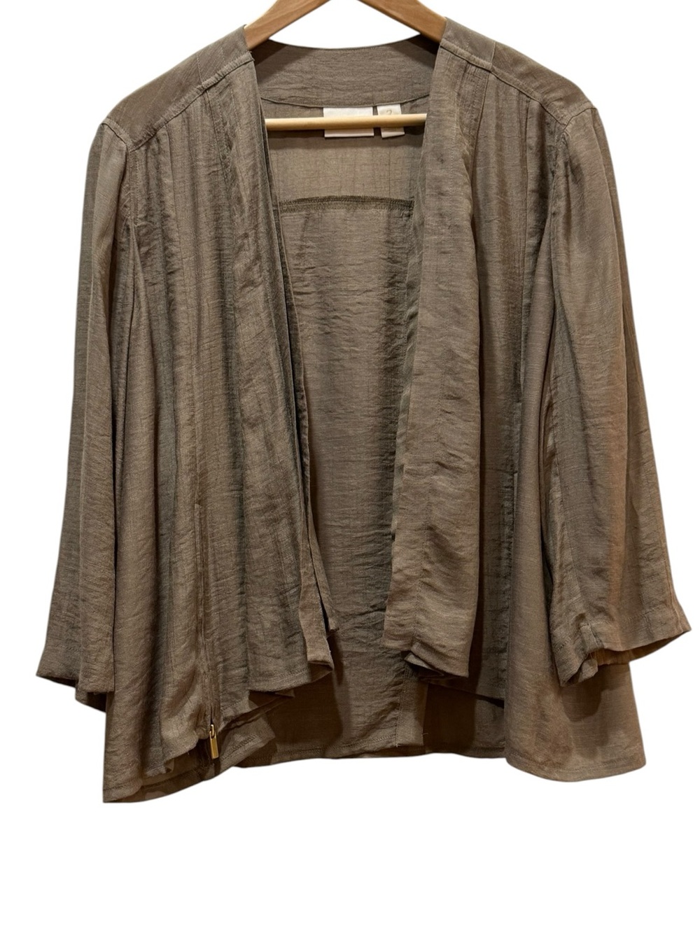 Chico’s Brown Taupe Draped Open Front Jacket Gold Hardware Size 2 M/L